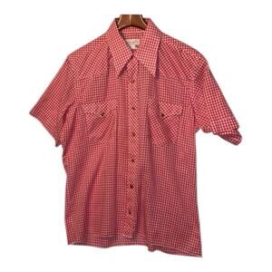 Wrangler Shirt Red Gingham Check Pearl Snap Vintage 70s USA Rockabilly Sz L ?